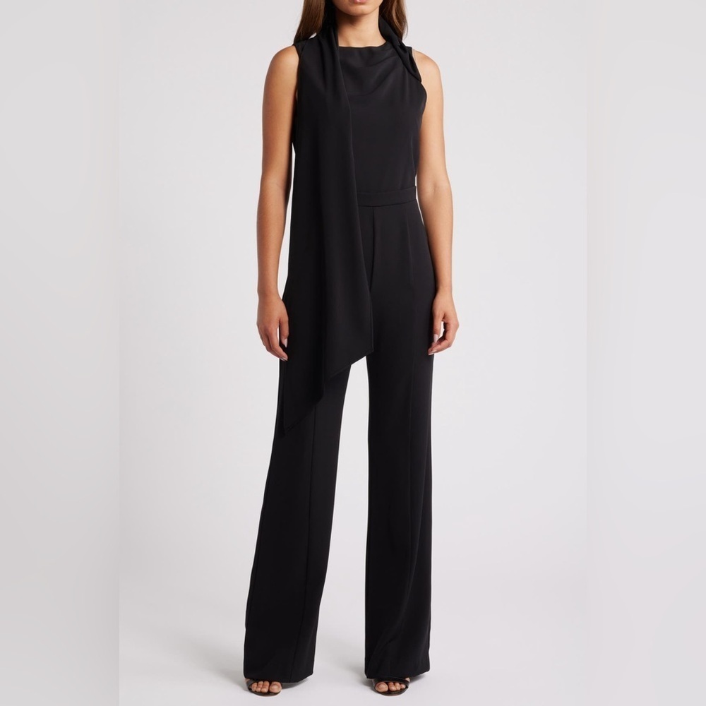 Black Halo Enola Side Drape Black Jumpsuit Size 8 B1260